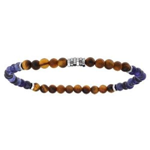 Bracelet Acier Extensible Boules Oeil De Tigre Et Quartz Bleu Et Marron