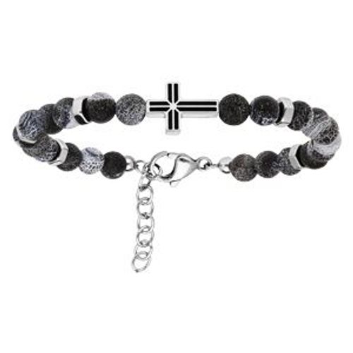 Bracelet Acier Boules Agate Grise Avec Croix 19+2cm