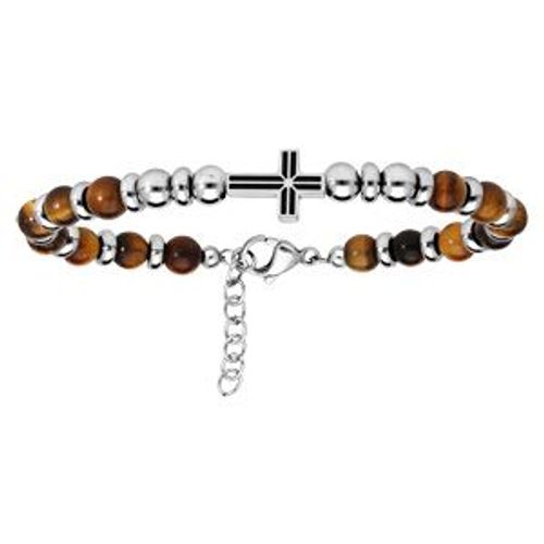 Bracelet Acier Boules Oeil De Tigre Marron Avec Croix 19+2cm