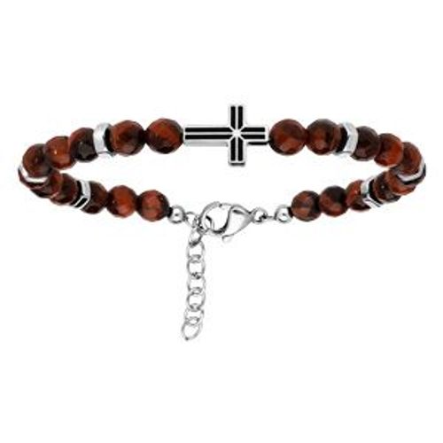 Bracelet Acier Boules Oeil De Tigre Grenat Avec Croix 19+2cm
