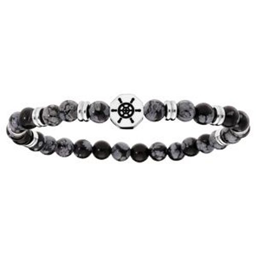Bracelet Acier Extensible Boules Obsidienne Grises Et Noires Avec Motif Roue De Bateau