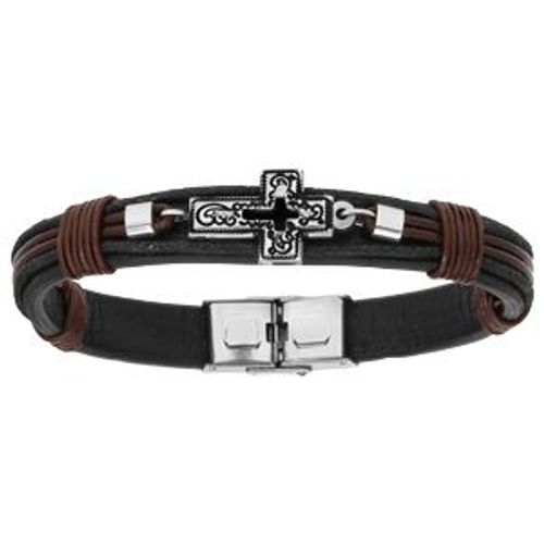 Bracelet Acier Et Cuir Bovin Noir Et Marron Avec Croix 20,5cm Réglable