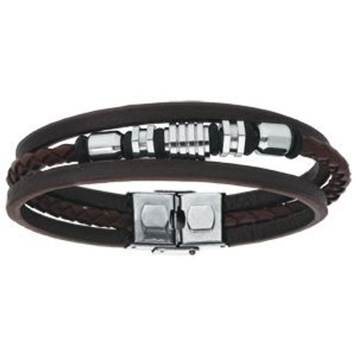 Bracelet Acier Et Cuir Bovin 3 Rangs Marron Et Noir Avec Motifs 20,5cm Réglable