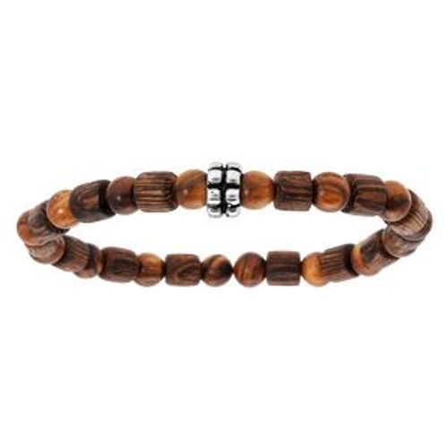 Bracelet Acier Extensible Perles Bois Marron Et Motif Petit Modèle