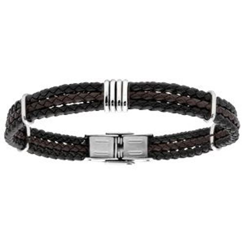 Bracelet Acier Et Tresse Pu Noir Et Marron 20cm Réglable
