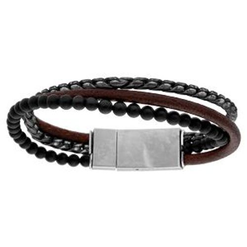 Bracelet Acier Et Cuir Bovin Marron Avec Chainage Et Pierres Agate Noire 20,5cm
