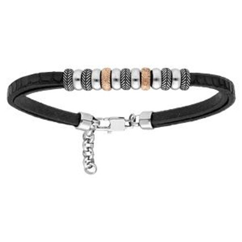 Bracelet Acier Et Cuir Double Bovin Noir Rondelles Acier Et Pvd Rose 21+2cm