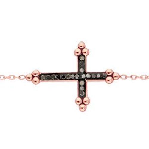 Bracelet Acier Et Pvd Rose Croix Résine Noir Et Pierres Noires 16+3cm