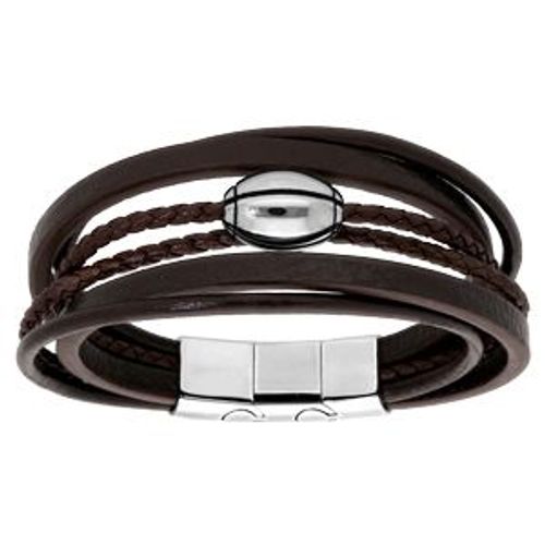 Bracelet Acier Et Cuir Bovin Marron Multifils Avec Ballon De Rugby 20cm + 1cm Double Fermoir