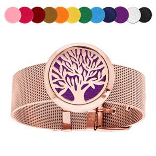 Bracelet Senteur Acier Et Pvd Rose Maille Milanaise Medaillon Arbre De Vie 12 Mousses Interchangeables Couleurs Assorties 21cm Réglable