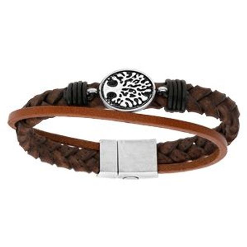 Bracelet Acier Et Cuir Tresse Marron Avec Arbre De Vie Patiné 22cm Fermoir Aimanté