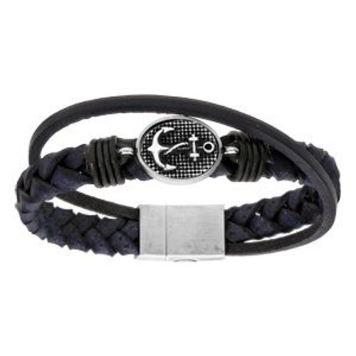 Bracelet Acier Et Cuir Tresse Bleu Avec Ancre Marine Patinée 22cm Fermoir Aimanté