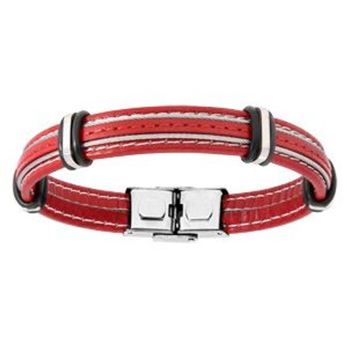 Bracelet Acier Et Cuir Bovin Rouge Avec 2 Câbles Gris Réglable 20cm