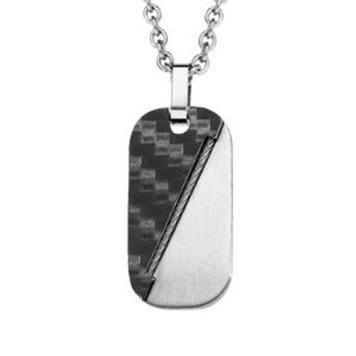Collier Acier Pendentif Moitié Carbone Noir Et Câble Diagonale 45+10cm