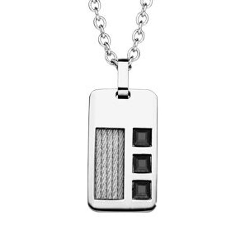 Collier Acier Pendentif Câble Et Pierres Noires 45+10cm