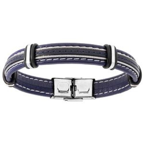 Bracelet Acier Et Cuir Bovin Bleu Marine Avec 2 Câbles Gris 20cm