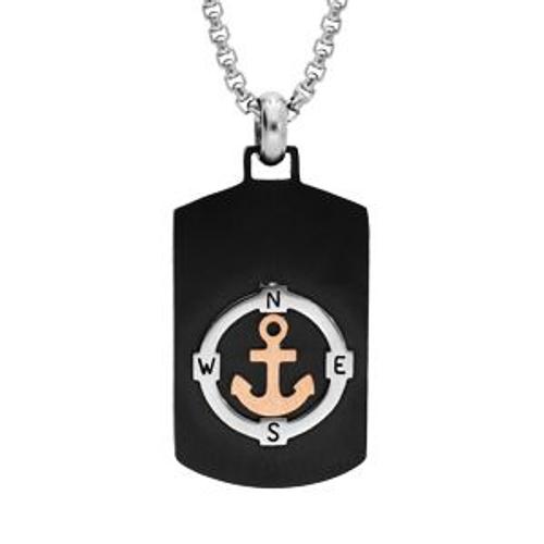 Collier Acier Pendentif Rectangulaire Pvd Noir Avec Ancre Marine Pvd Rose 50cm Réglable 45