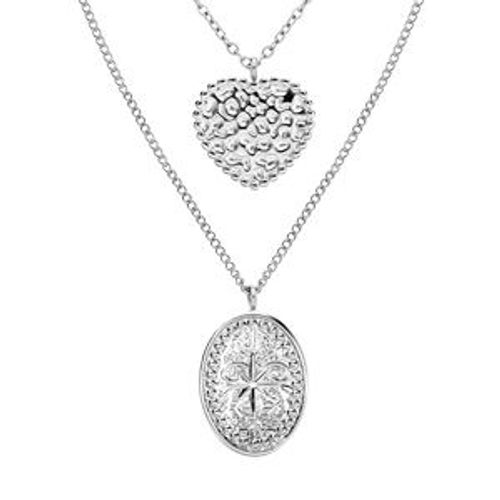 Collier Acier Double Chaîne Avec Pendentif Coeur Et Ovale Étoile 50+5cm