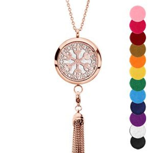 Collier Senteur Acier Et Pvd Rose Medaillon Flocon Et Pompon 12 Mousses Interchangeables Couleurs Assorties Réglable 45 A 65cm