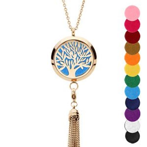 Collier Senteur Acier Et Pvd Jaune Gros Medaillon Arbre De Vie Et Pompon 12 Mousses Interchangeables Couleurs Assorties Réglable 45 A 65cm