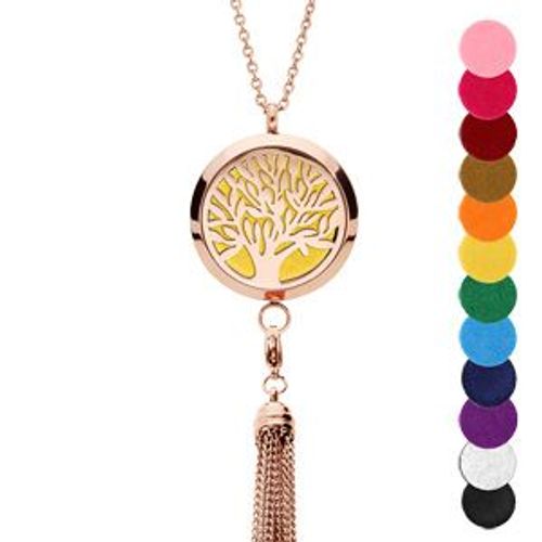 Collier Senteur Acier Et Pvd Rose Gros Medaillon Arbre De Vie Et Pompon 12 Mousses Interchangeables Couleurs Assorties Réglable 45 A 65cm