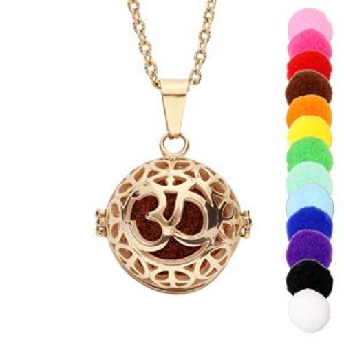 Collier Senteur Et Bola Acier Et Pvd Jaune Boule Ajourée Symbole Boudiste 13 Mousses Interchangeables Couleurs Assorties Réglable 60 A 100cm