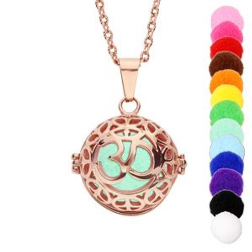 Collier Senteur Et Bola Acier Et Pvd Rose Boule Ajourée Symbole Boudiste 13 Mousses Interchangeables Couleurs Assorties Réglable 60 A 100cm