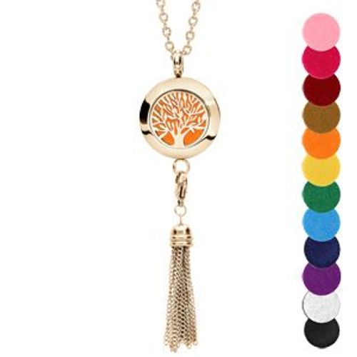 Collier Senteur Acier Et Pvd Jaune Petit Medaillon Arbre De Vie Et Pompon 12 Mousses Interchangeables Couleurs Assorties Réglable 45 A 65cm