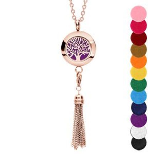 Collier Senteur Acier Et Pvd Rose Petit Medaillon Arbre De Vie Et Pompon 12 Mousses Interchangeables Couleurs Assorties Réglable 45 A 65cm