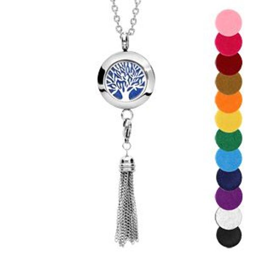 Collier Senteur Acier Petit Medaillon Arbre De Vie Et Pompon 12 Mousses Interchangeables Couleurs Assorties Réglable 45 A 65cm