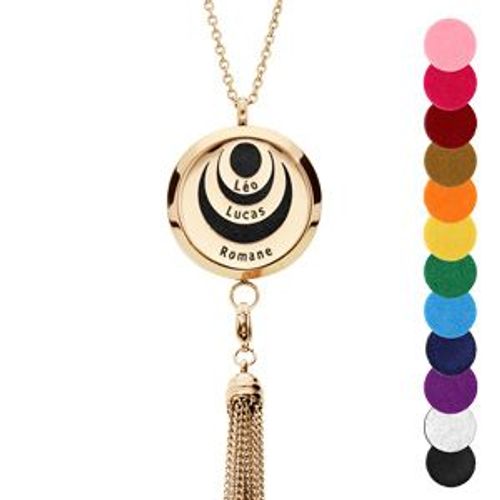 Collier Senteur Acier Et Pvd Jaune Medaillon Cercles Et Pompon 12 Mousses Interchangeables Couleurs Assorties Réglable 45 A 65cm