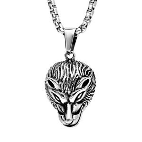 Collier Acier Pendentif Tête De Loup Patiné 55cm