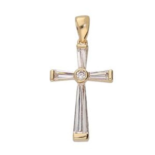 Pendentif Croix Plaqué Or 4 Baguettes Profilés Oxydes Blancs Sertis