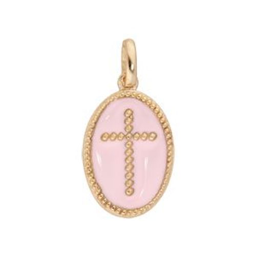 Pendentif Plaqué Or Ovale Croix Sur Fond Rose Pale Oxydes Blancs Sertis
