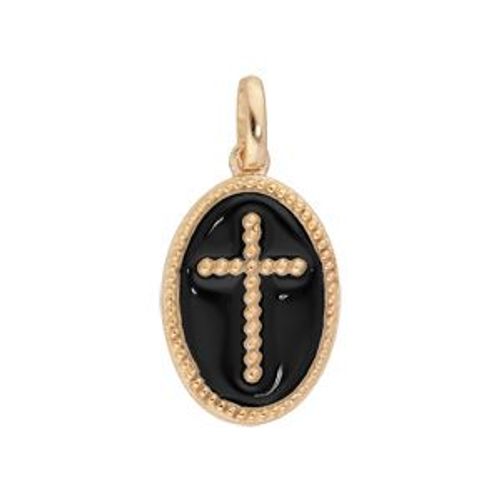 Pendentif Plaqué Or Ovale Croix Sur Fond Noir Oxydes Blancs Sertis