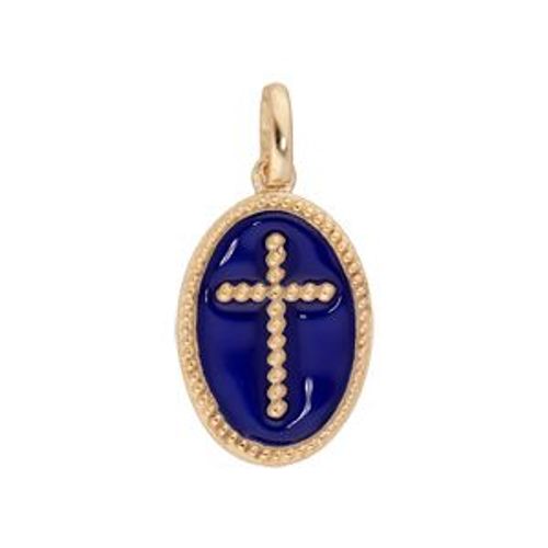 Pendentif Plaqué Or Ovale Croix Sur Fond Résine Bleu Foncé