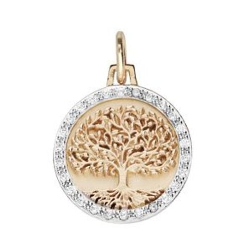 Pendentif Plaqué Or Rond 16mm Arbre De Vie Contour Oxydes Blancs Sertis