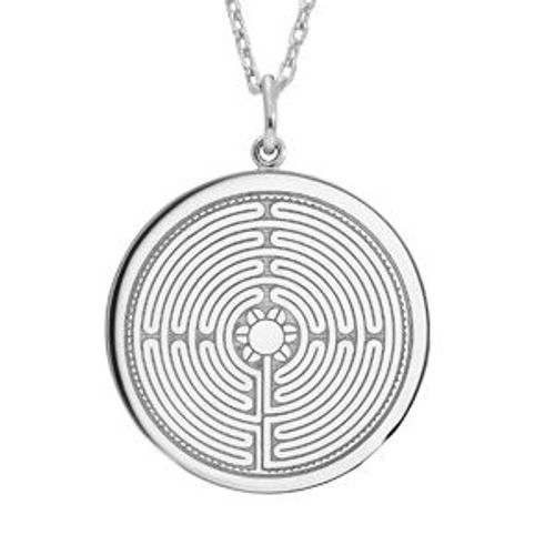 Collier Argent Rhodié Pendentif Rond Labyrinthe Cathedrale De Chartres Sans Résine 40+5cm