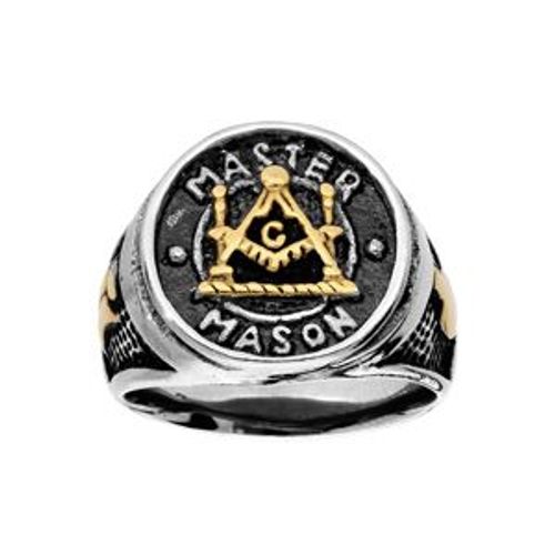 Bague Acier Ronde Motif Maçonnique Pvd Jaune Et Résine Noire