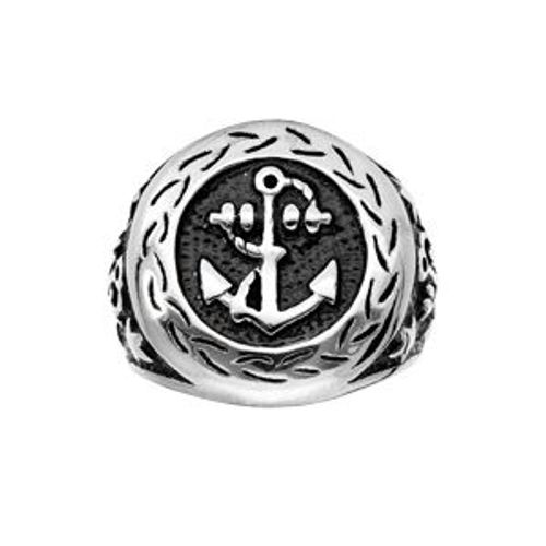 Bague Acier Ronde Motif Ancre Marine