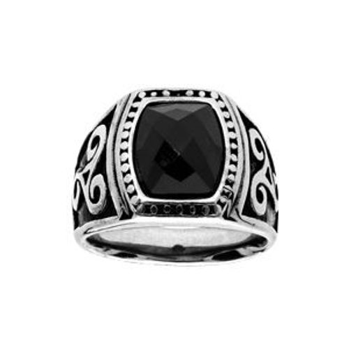 Bague Acier Pierre Facette Noire Motif Triskel Sur Coté