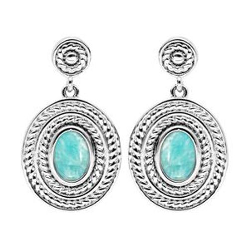 Boucles D'oreilles Tige Argent Rhodié Ovale Pierre Cabochon Amazonite Véritable