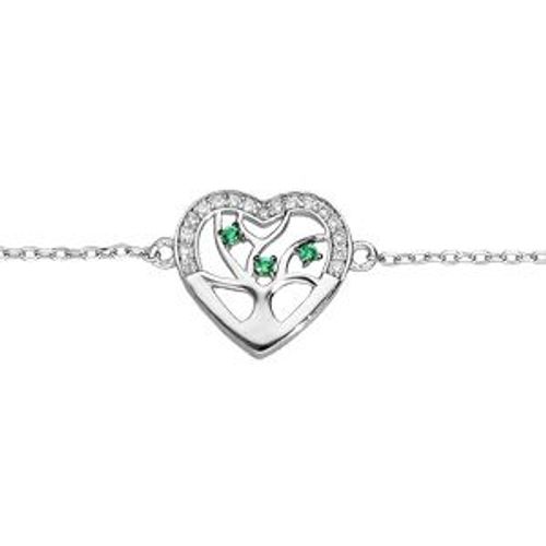 Bracelet Argent Rhodié Massif Coeur Contour Oxydes Blancs Avec Arbre De Vie Pierres Vertes 16+3cm
