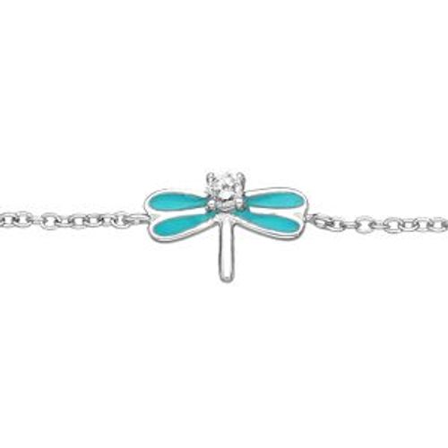 Bracelet Argent Rhodié Libellule Avec Email Couleur Turquoise Et Oxydes Blancs Sertis 13+4cm