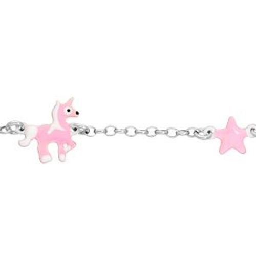 Bracelet Argent Rhodié Licorne Et Étoile Résine Rose 14+2cm