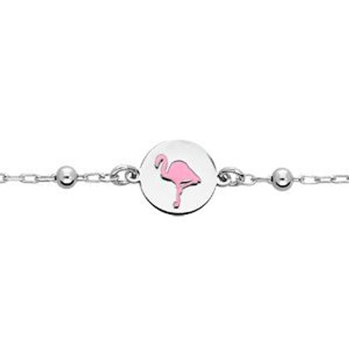 Bracelet Argent Rhodié Boules Et Résine Motif Flamant Rose 15+2cm