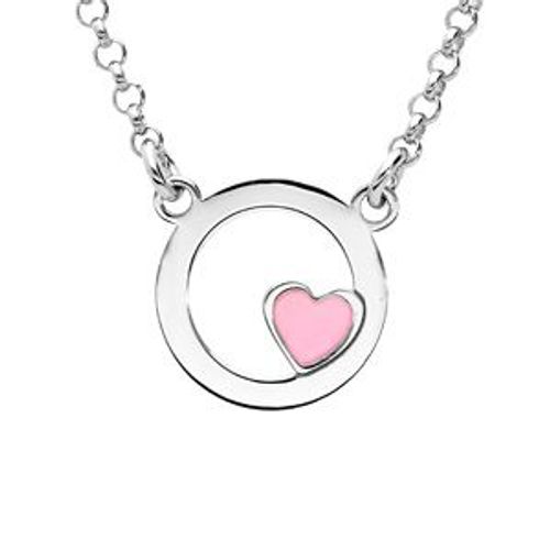 Collier Argent Rhodié Cercle Avec Coeur Résine Rose 35+5cm