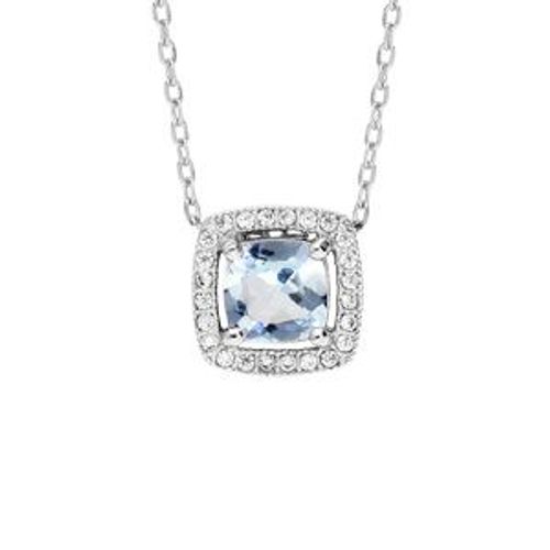 Collier Argent Rhodié Pendentif Rectangulaire Topaze Bleue Contour Oxydes Blancs Sertis 40+5cm