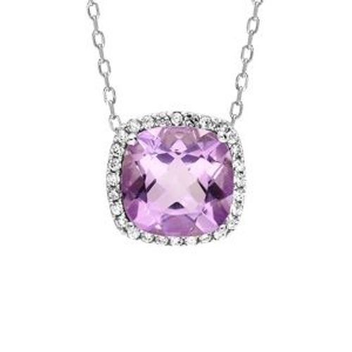 Collier Argent Rhodié Massif Pendentif Carré Pierre Naturelle Améthyste Contour Oxydes Blancs Sertis 40+5cm