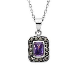 Collier Argent Rhodié Retro Contour Marcassite Oxyde Violet 45cm
